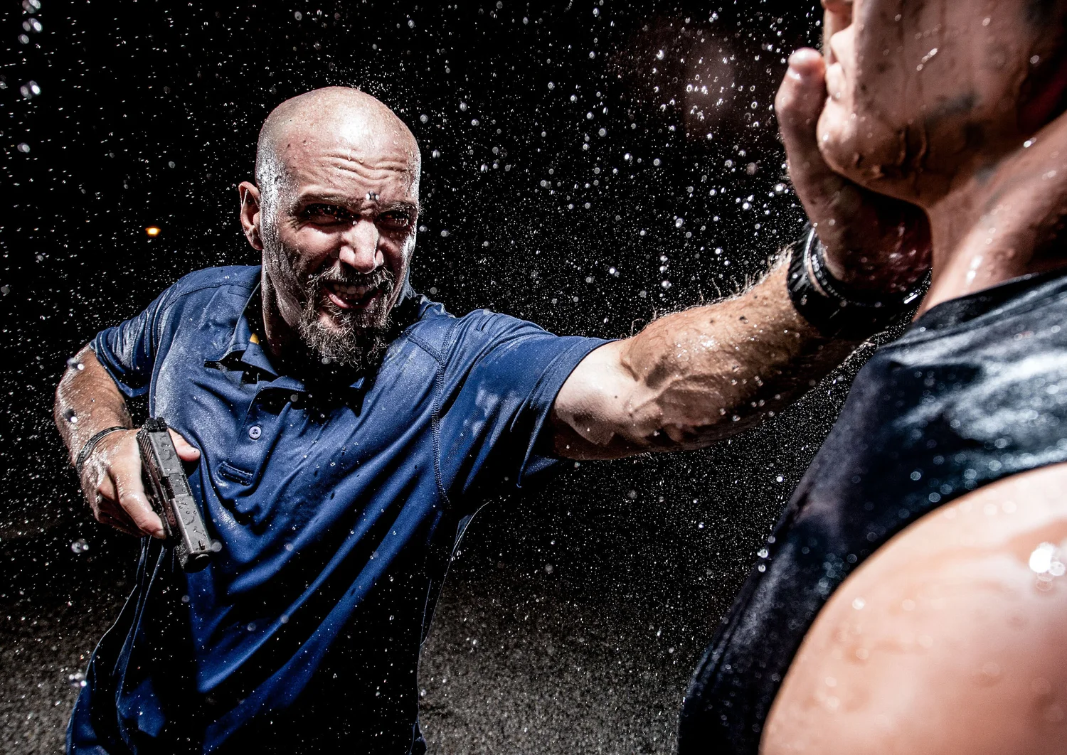 Unscripted training moment caught through spray and motion