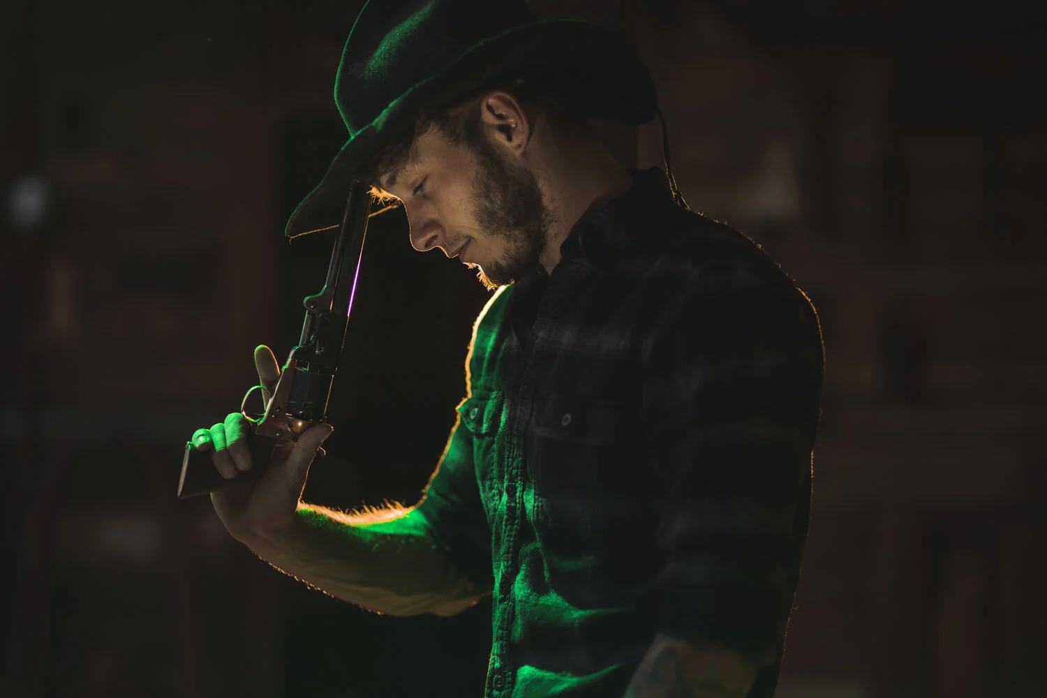 Western character portrait in colored working light