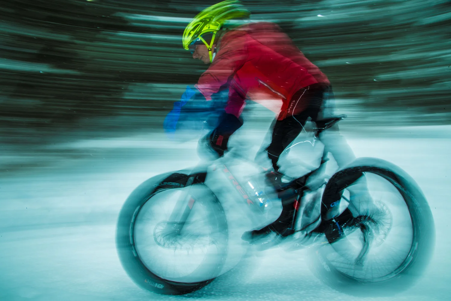 Fat bike rider photographed with intentional motion blur